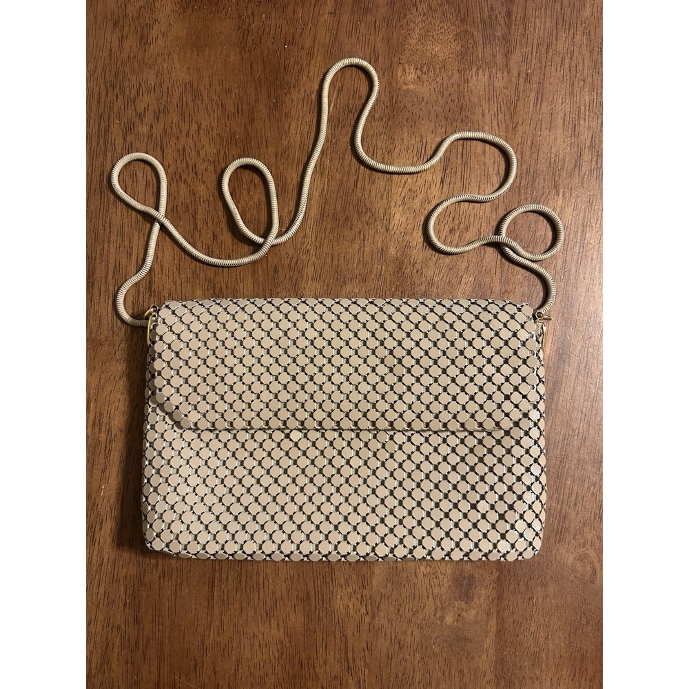 Whiting & Davis Vintage Metal Mesh Clutch Purse Tan Cord Strap Cocktail Bag